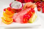 Mixed Plate Of Fresh Sliced Fruits Stock Photo