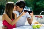 Attractive Couple Drinking Wine On Romantic Picnic In Countrysid Stock Photo