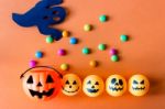 Halloween Jack O Lantern Bucket With Candies Stock Photo