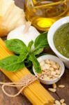 Italian Traditional Basil Pesto Pasta Ingredients Stock Photo