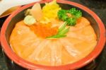 Japanese Rice Box With Salmon Sashimi Stock Photo