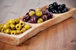 Variety Of Green, Black And Mixed Marinated Olives Stock Photo