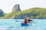 Mother And Daughter Travel By Kayak Stock Photo