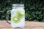 Close-up Glass Of Iced Kiwi Soda Drink Stock Photo