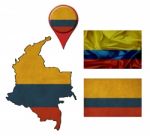 Grunge Colombia Flag, Map And Map Pointers Stock Photo