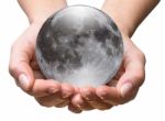 Hand Holding Moon On White Stock Photo