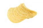 Row Of Potato Chip On White Background Stock Photo