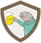 Trout Fish Holding Beer Mug Shield Cartoon Stock Photo