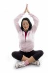 Front View Of Woman Doing Yoga On White Background Stock Photo