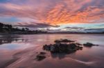 Spectacular Sunset On The Beach Of Arnao, Asturias, Spain, Stock Photo