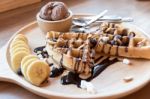 Belgian Waffles With Strawberry, Cherry, Blueberry, And Chocolat Stock Photo