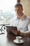 Sorious Man On Coffee Break In Restorant Stock Photo