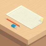 Paper Pencil Rubber Stationary On Desk Isometric Stock Photo