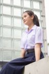 Portrait Of Thai High School Student Uniform Teen Beautiful Girl Happy And Relax, Stock Photo