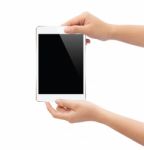 Hand Holding White Tablet Isolated On White Clipping Path Inside Stock Photo