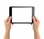 Hand Holding Black Tablet Isolated On White Clipping Path Inside Stock Photo