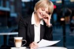 Female Reviewing Business Report In Cafe Stock Photo