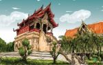 Sketch Of Cityscape Show Asia Style Temple Space In Thailand Stock Photo