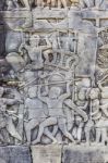 Historic Khmer Bas-relief Showing Hindu Legend Scenes At Bayon T Stock Photo