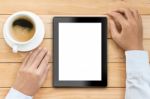 Businessman Using Tablet White Display With Coffee On Wood Desk Stock Photo