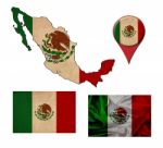 Mexico Flag, Map And Map Pointers Stock Photo