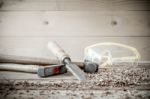 Carpenter Tools In Pine Wood Table Stock Photo