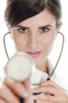 Lady Doctor Posing With Stethoscope Stock Photo