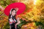 Asian Woman Wearing Kimono In Autumn Stock Photo