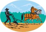 Farmer And Horses Plowing Field Cartoon Stock Photo