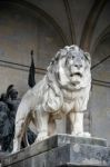 Statue Of Lion At Feldherrnhalle In Munich Stock Photo