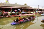 Wooden Boats Busy Ferrying People At Amphawa Floating Market Stock Photo