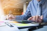 Business Finance Man Calculating Budget Numbers, Invoices And Fi Stock Photo