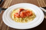 Cream Sauce Spaghetti With Smoked Salmon Stock Photo