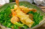 Fresh Japanese Tempura Shrimps With Salad Stock Photo