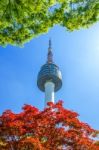 Seoul Tower And Red Autumn Maple Leaves At Namsan Mountain In South Korea Stock Photo