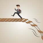 Cartoon Businessman Run Away From Broken Rope Bridge Stock Photo