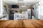 Selected Focus Empty Brown Wooden Table And Coffee Shop Or Resta Stock Photo