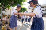 Student 9-10 Years Old, Scout In Adventure Activities, Scout Camp In Bangkok Thailand Stock Photo