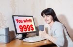 Woman Rejoices Win $ 999 Stock Photo