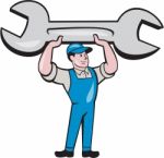 Mechanic Lifting Spanner Wrench Cartoon Stock Photo