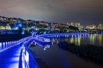 Colorful Bridge And Cityscape At Night In Korea Stock Photo