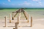 Destroyed Wooden Pier Dock And Picturesque, Relaxing Ocean View Stock Photo