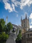 Sculpture Of A Soldier Outside Southwark Cathedral Stock Photo