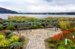 Kawaguchiko Lake Viewpoint With Autumn Garden Stock Photo