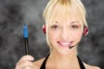 Woman As A Telephone Operator Holding Marker Stock Photo