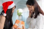 Two Asia Thai High School Student Best Friends Beautiful Girl Happy New Year And Give A Gift Friends Stock Photo