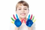 Cute Girl With Hands Painted Stock Photo