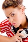 Close Up Of Pretty Woman With Headphones Stock Photo