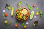 The Bowl Of Healthy Vegan Salad . Various Vegetables Avocado, To Stock Photo