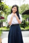 Portrait Of Thai High School Student Uniform Teen Beautiful Girl Happy And Relax, Stock Photo